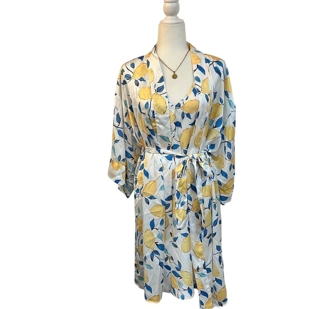 Tribal Life Lemon Print Wrap Robe Kimono Cover Up Resort Cottagecore M